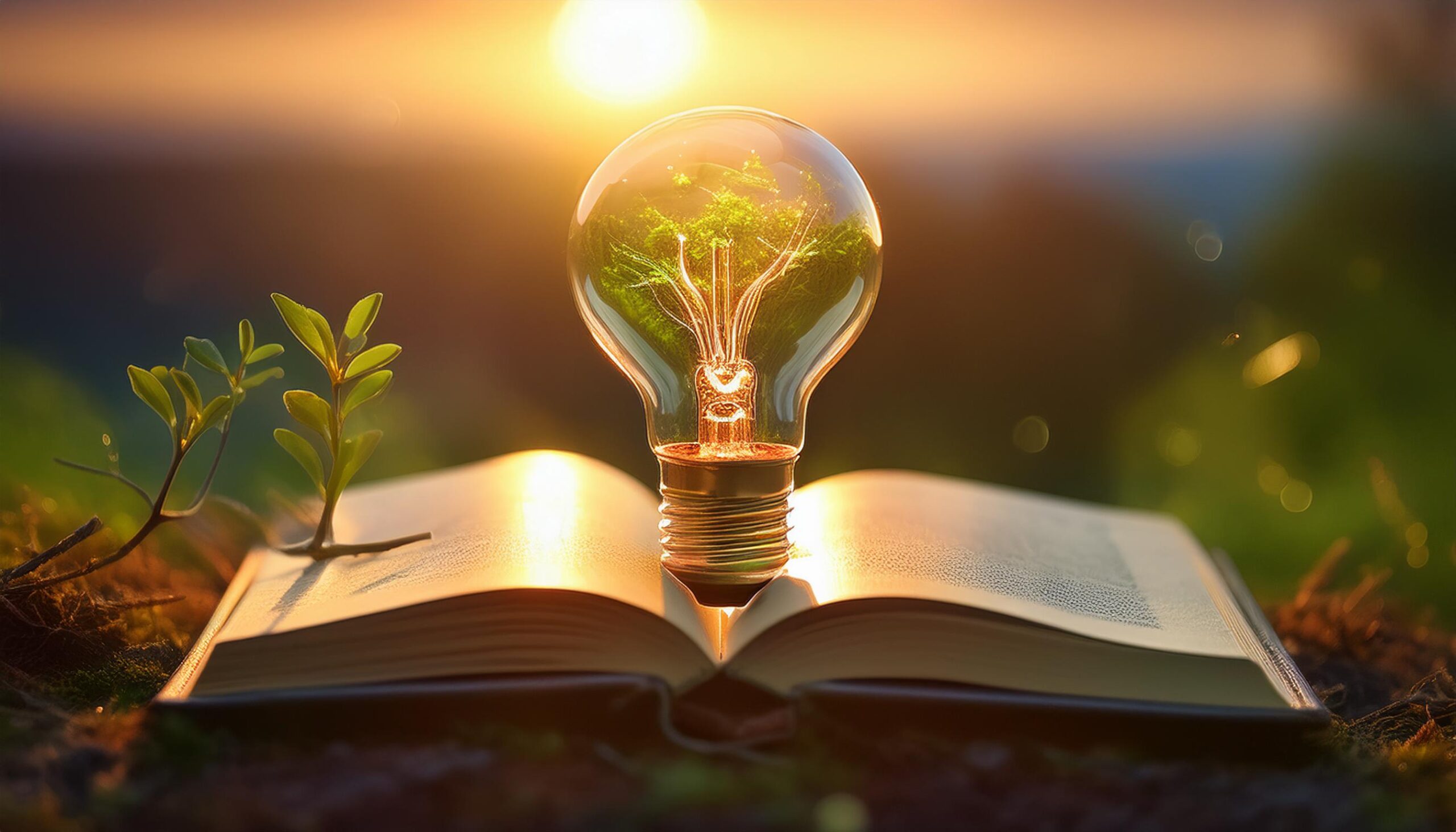 A picture of a book open with a lightbulb growing a plant inside.