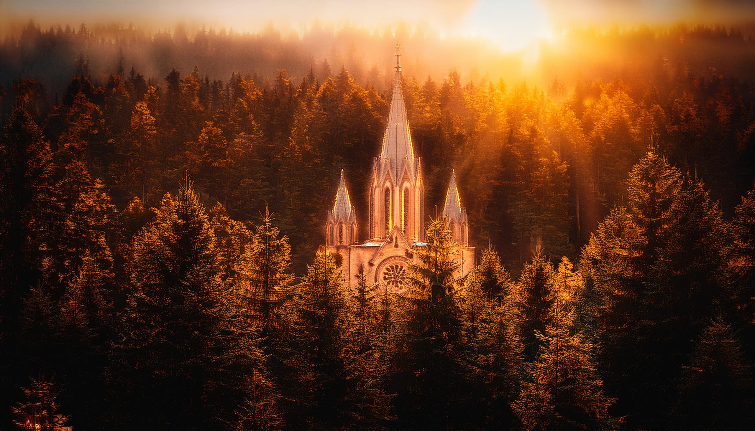 A large cathedral in the middle of a forest.